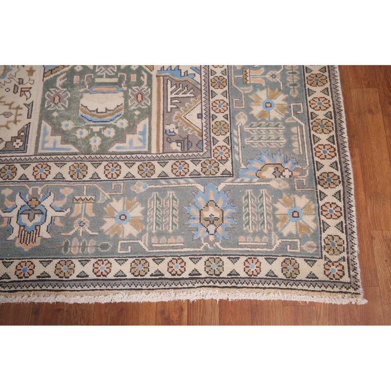 Light Blue Geometric Tabriz Persian Vintage Rug Handmade Wool Carpet - 9'7"x 12'8"