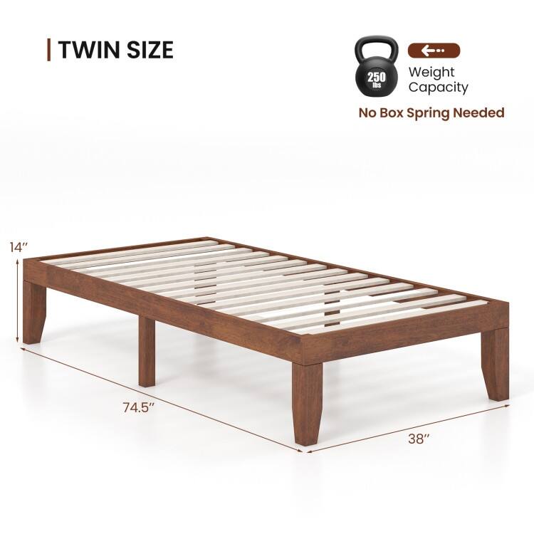 Brown Rubber Wood 14-Inch Twin Size Platform Bed Frame with Wood Slat Support