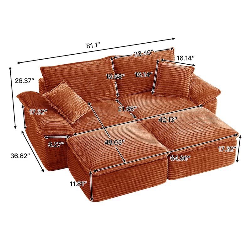 Rossetta 2-Seat Oversized Personalized Corduroy Soft Modular No Assembly Sofa with 2 Movable Ottoman