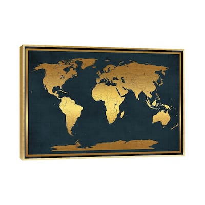 iCanvas "World Map Vintage Style Black Gold" by WallDecorAddict Framed Canvas Print