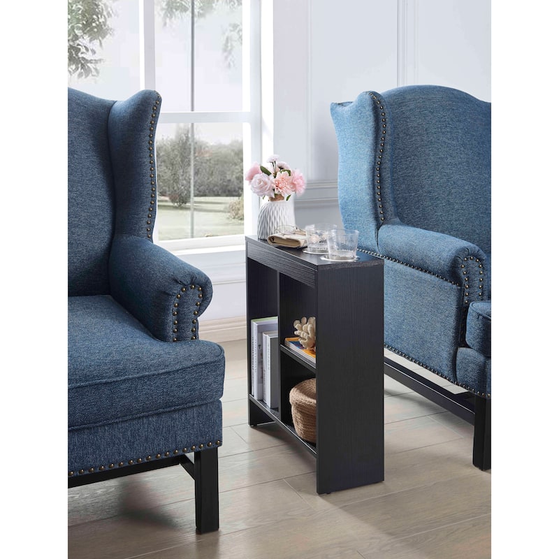 Slim Side Sofa End Table with Drink Holders and Built-in Shelving Magazine Holder, Black