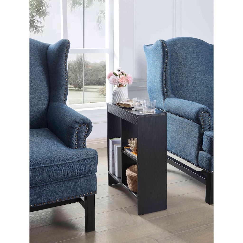 Slim Side Sofa End Table with Drink Holders and Built-in Shelving Magazine Holder, Black