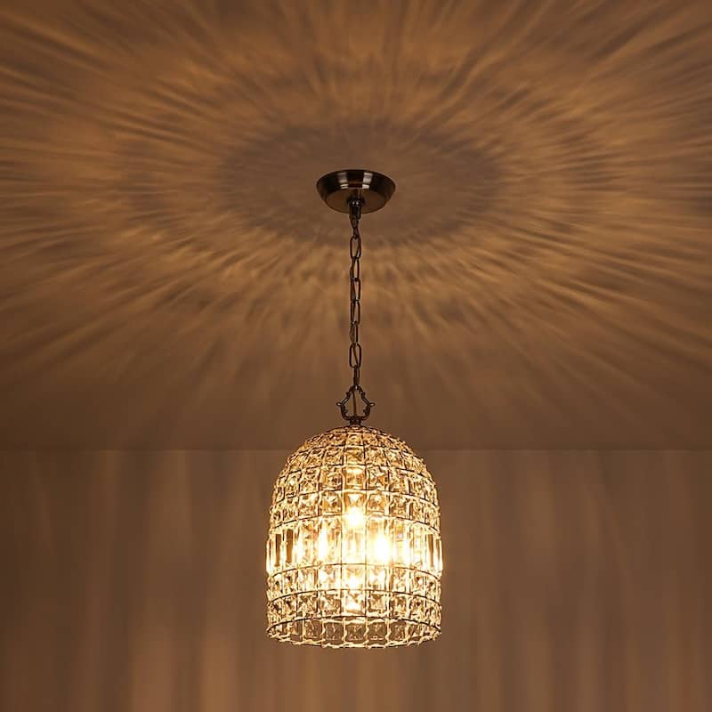 Vintage Glam Crystal Bird Cage Lantern Chandelier - Distressed Brass