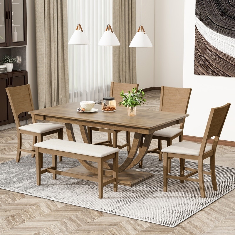6-Piece Modern Wood Dining Table Set with Long Bench and 4 Upholstered Dining Chairs