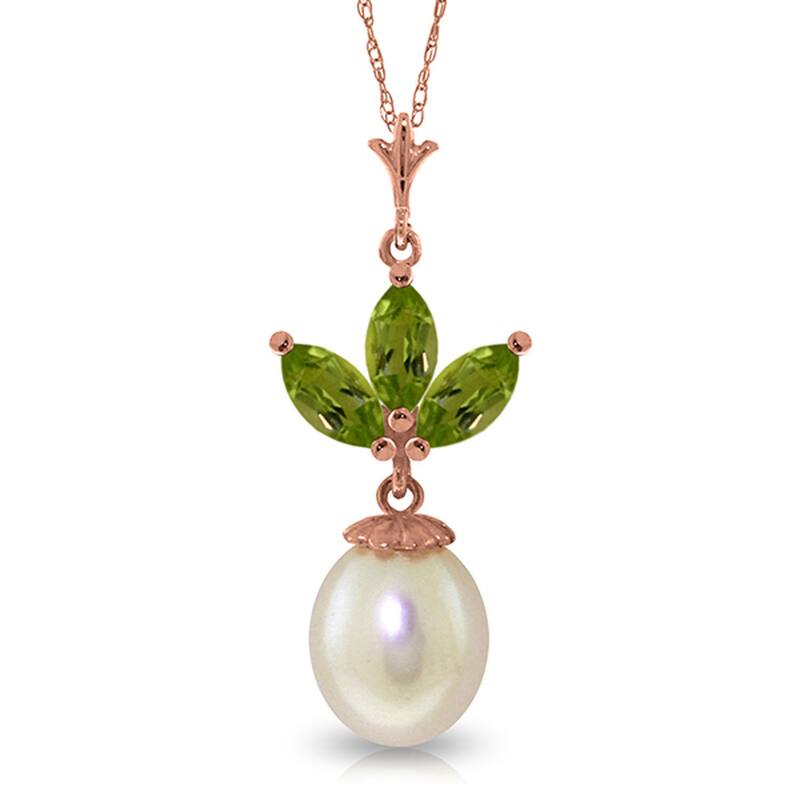 4.75 Carat 14K Solid Gold Gemstone Chain Necklace Pearl Peridot - 16 Inch - Rose