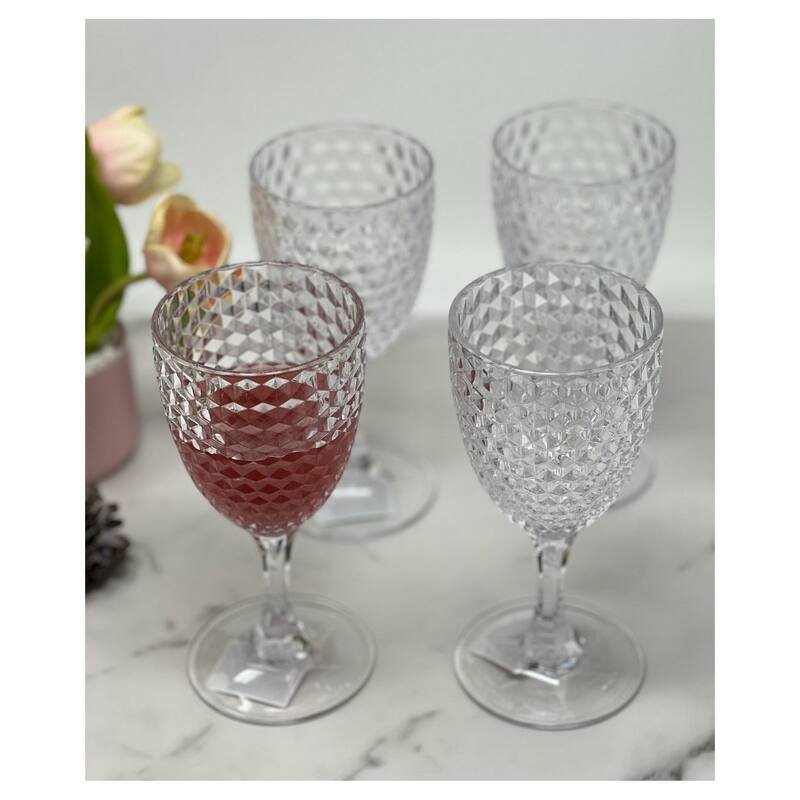 Diamond Cut Plastic Wine Glasses Set of 4 (12oz), BPA Free Acrylic Wine Glass Set