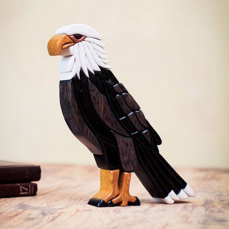 Handmade Bald Eagle Cedar And Mahogany Wood Statuette (Peru) - 7.75" H x 6.25" W x 1.4" D