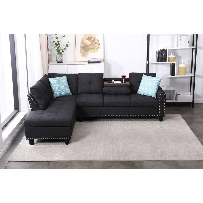 Faux Leather L - Shaped Sectional Set With Cup Holders 2pc
