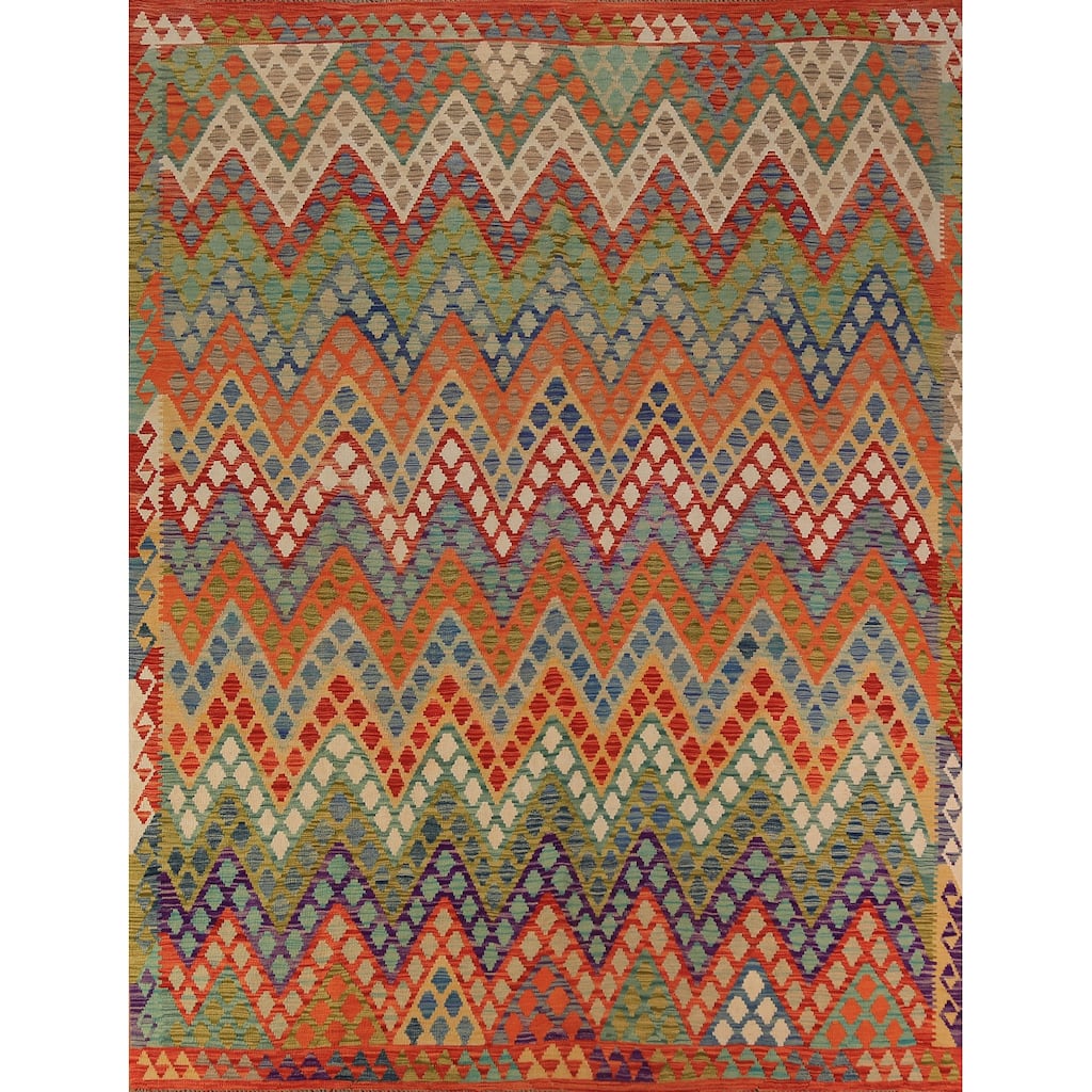 Colorful Kilim Area Rug Hand-Woven Bedroom Multi-Color Wool Carpet - 8'2"x 10'2"
