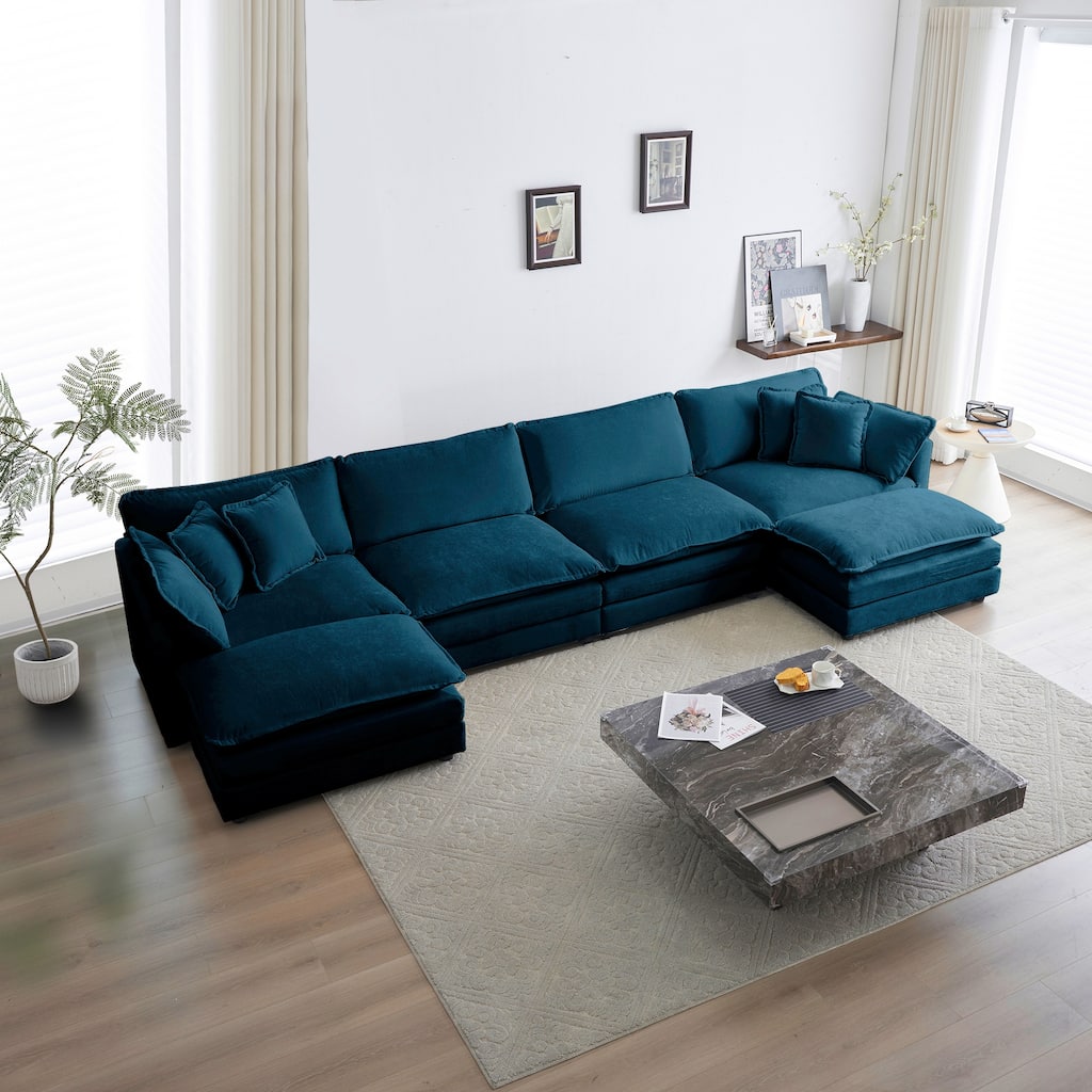 Modern U Shaped Sectional Sofa Set with Chenille Upholstery and Thick Cushions for Living Room and Guest Room