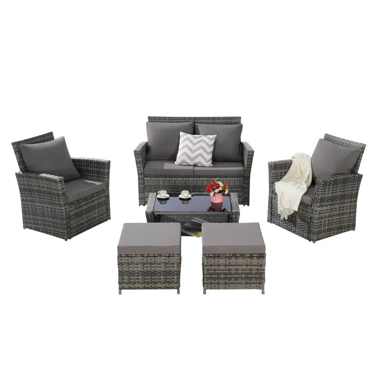6 Pcs Patio Furniture Set, Outdoor Wicker Sectional Sofa Set, 2 Armchairs, 2 Ottomans and Tempered Glass Top Coffee Table