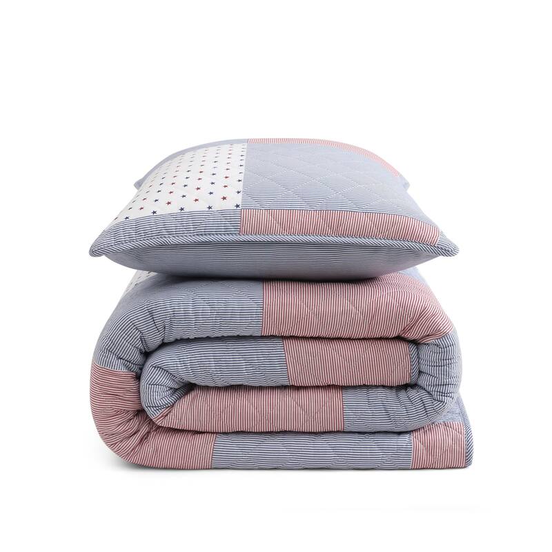 Tommy Hilfiger Ithaca Americana Patchwork Blue Cotton Reversible Quilt Set