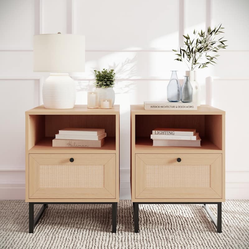 Set of 2 Mid-Century Modern Side Tables with Drawer and Shelf - 17"W x 19"D x 22"H