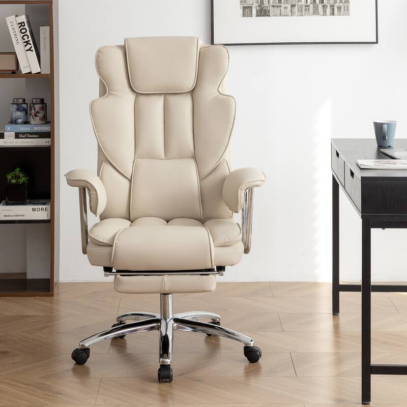 Ergonomic Big and Tall Office Chair with Footrest, Bonded PU Leather, 360° Swivel, High Back, for Home or Office - Beige