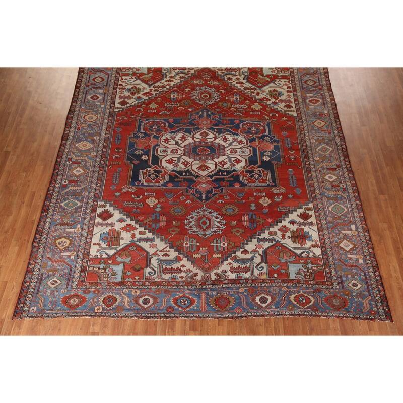 Pre-1900 Antique Heriz Serapi Persian Rug Handmade Wool Carpet - 11'0" x 12'10"