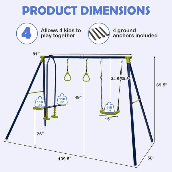 Gymax 440 lbs Swing Set 3-in-1 Kids Swing Stand w/ Swing Gym Rings