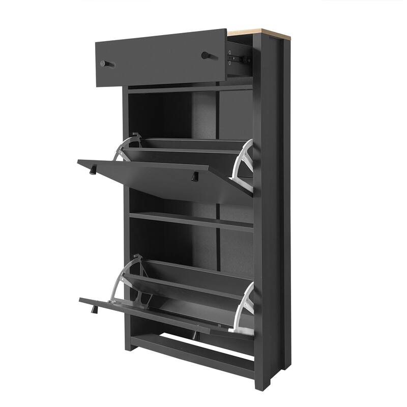 Functional Entryway Organizer with 2 Flip Drawers, Wood Grain Pattern Top Shoe Cabinet with Drawer