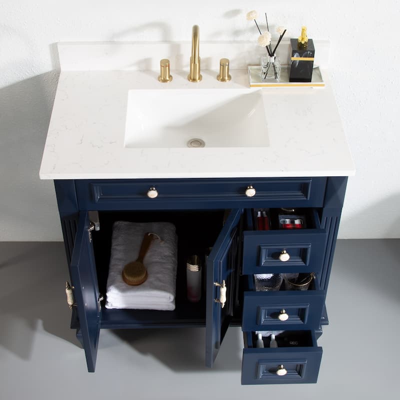 35'' H X 36'' W Solid Wood Bath Vanity with Stain-resistant Carrera Quartz Top and Single Sink