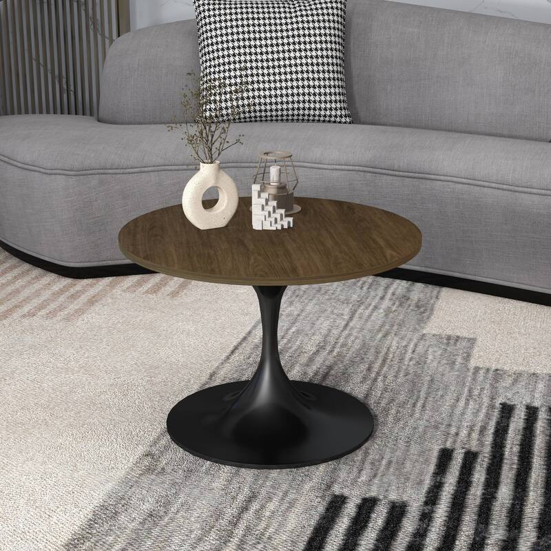 LeisureMod Verve 27" Round Coffee Table with MDF Wood TableTop and Black Steel Base for Living & Bedroom