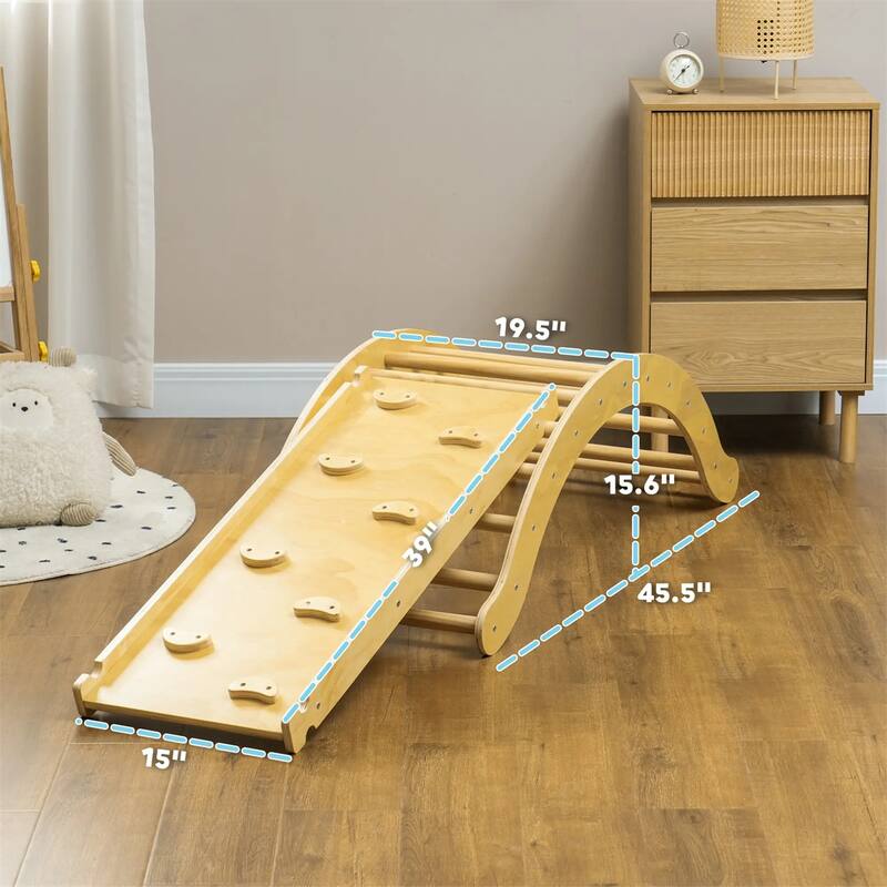 4-in-1 Natural Wood Pikler Triangle Climber Set for Toddlers with Slide Ramp and Cushion - 66.1" L x 19.5" W x 15.6" H