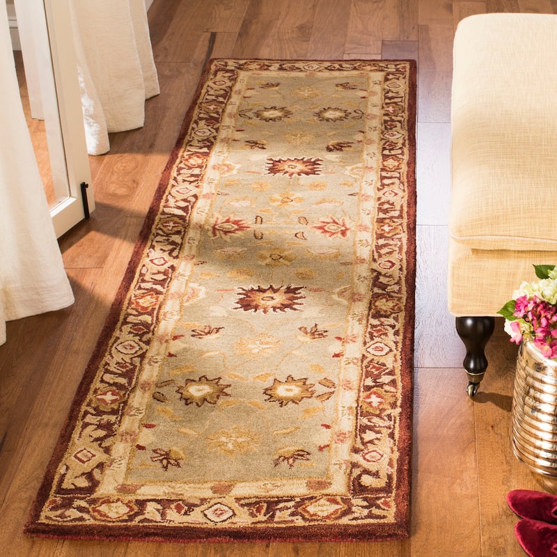 SAFAVIEH Handmade Anatolia Ibala Traditional Hand-spun Wool Rug - 2'3" x 14' Runner - Sage/Burgundy