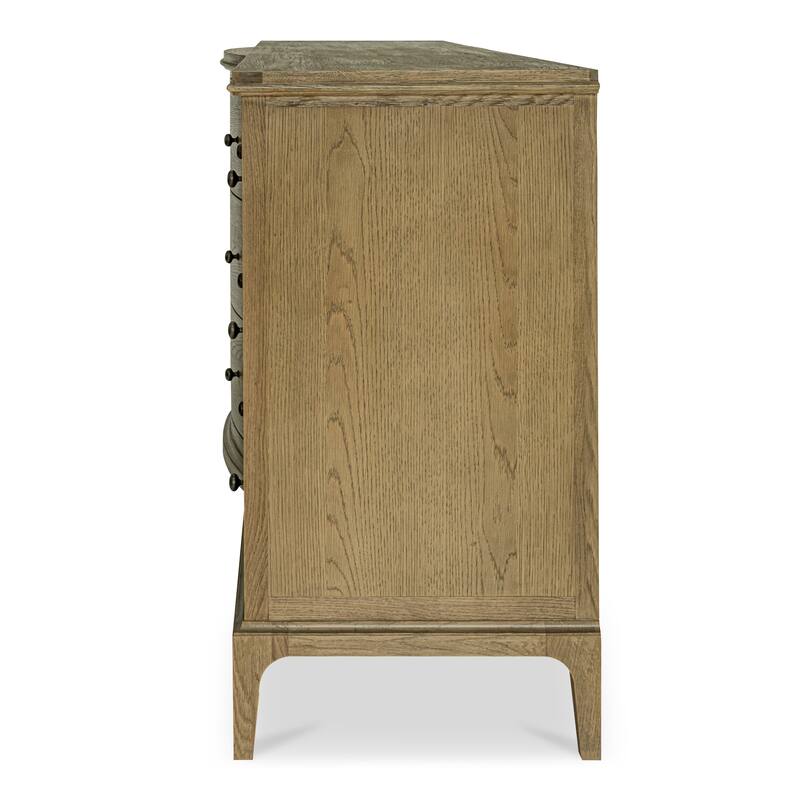 NADAAL STUDIOS Maerin Dresser, Nine Drawer Oak Form with Rounded Overhang and Curved Center Detail, Brown