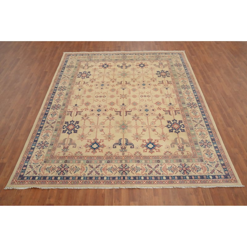 Hand Knotted Oriental 100% Wool Carpet Traditional Geometric Beige & Ivories Kazak Area Rug - 9' 11'' X 8' 2''