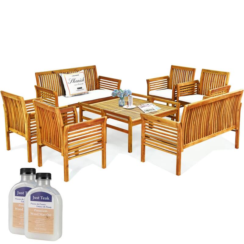 Gymax 8 Piece Outdoor Acacia Wood Sofa Set w/ Teak Wood Oil Water - Natural