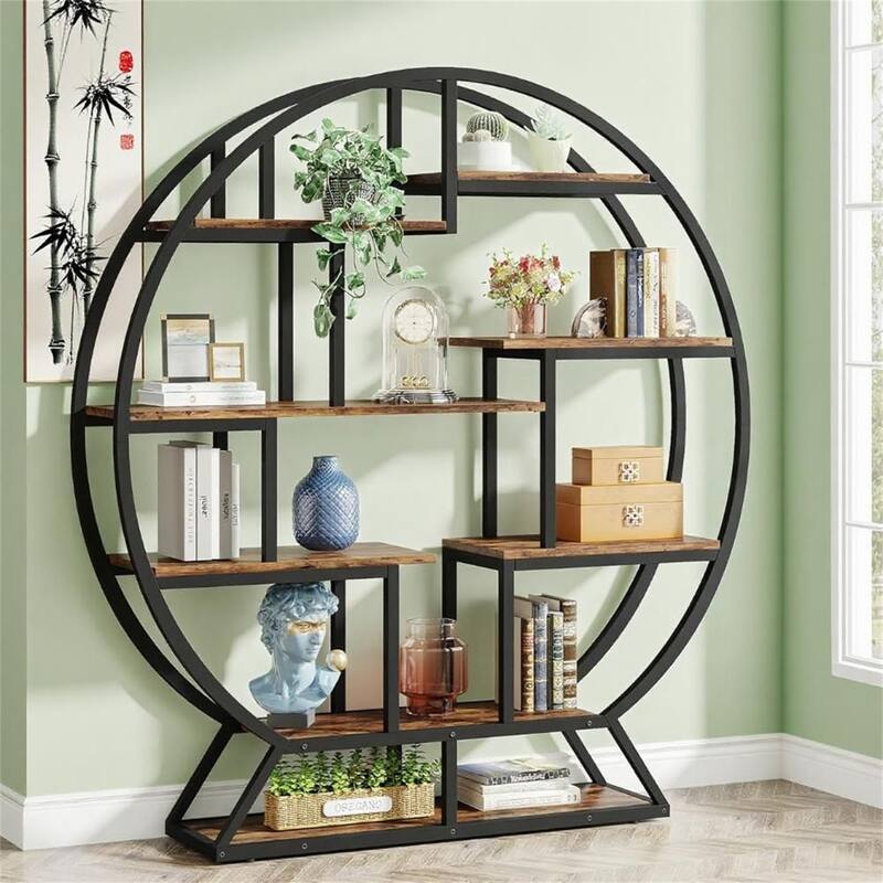 Industrial 14-Tier Bookshelf with Staggered Shelves