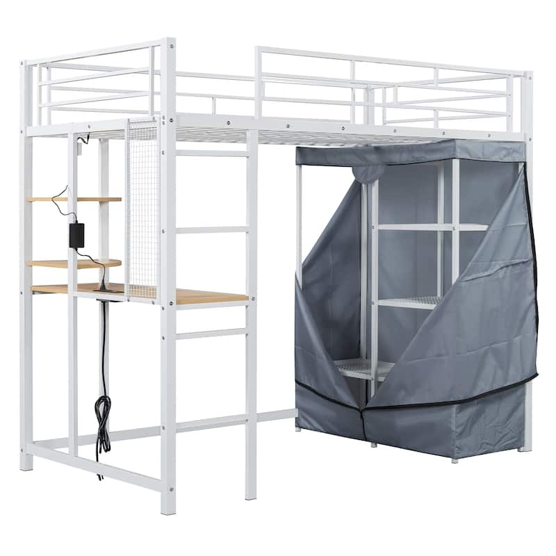 Space-Saving Loft Bed with Desk, Shelves, Power Outlet, LED Light, and Wardrobe