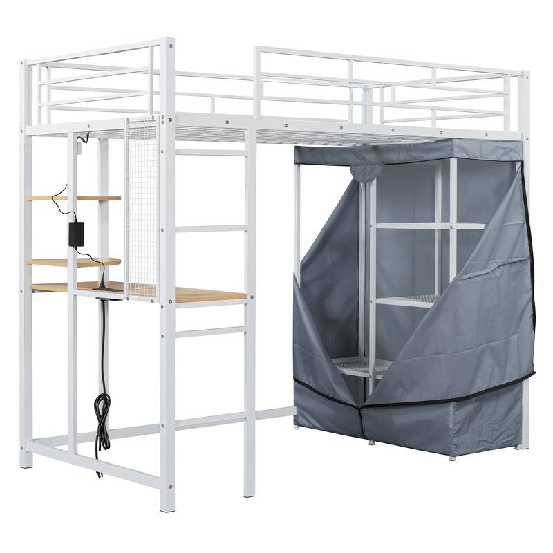 Twin Size Loft Metal Bed with Desk, Shelves, Power Outlet, LED Light and Wardrobe, White