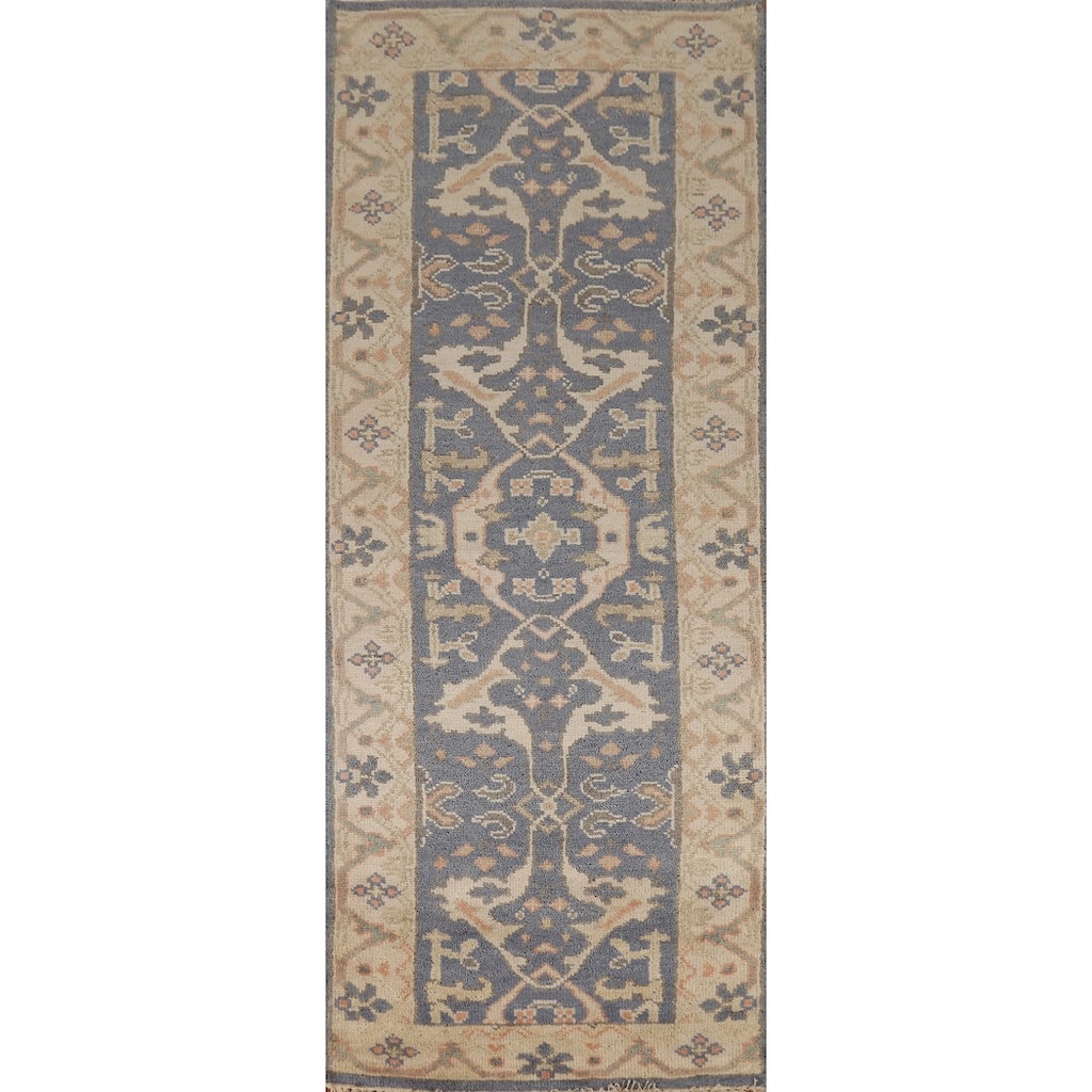 Blue & Beige Oushak Indian Runner Rug Hand-Knotted Wool Carpet - 2'7"x 8'0"