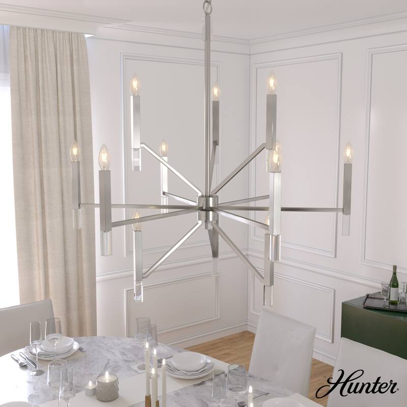 Hunter Sunjai 12-Light 3-Tier Candle Chandelier - Contemporary, Glam, Geometric - Brushed Nickel