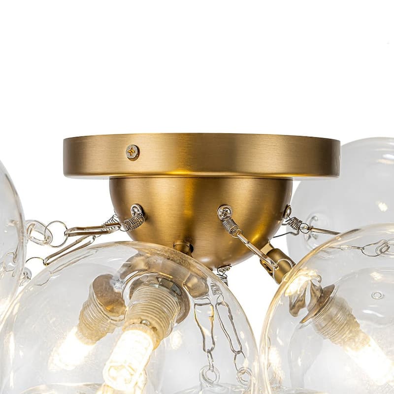 3-Light Clear Glass Globe Bubble Semi Flush Chandelier - Brass 18in
