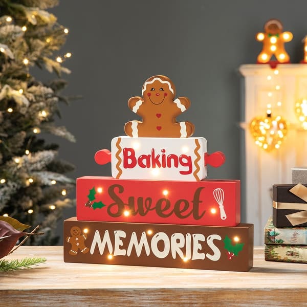 slide 1 of 9, Glitzhome 12"H Lighted Wooden Christmas Gingerbread Man Block Table Decor