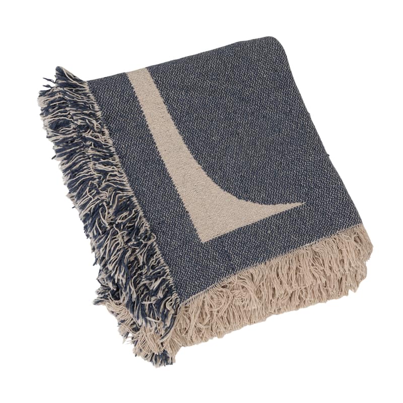 Woven Cotton Blend Jacquard Throw Blanket - Blue;Natural