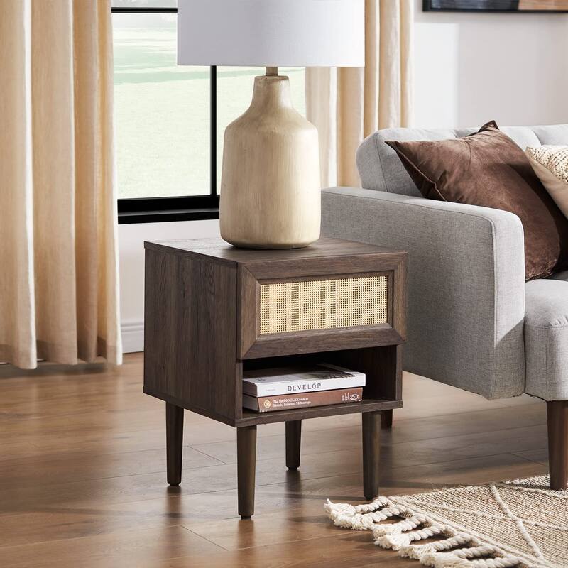 Mopio Haylee Night Stand, Side Table, End Table, Boho Farmhouse Modern Nightstand, Bedside Tables, Small Nightstand with Drawers - Walnut
