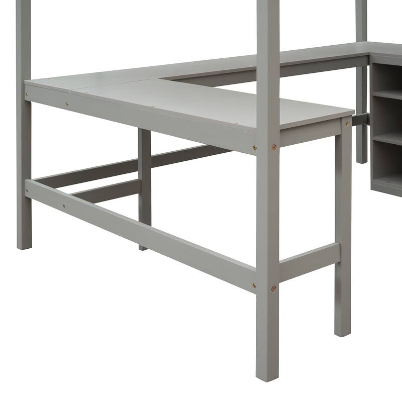 Space-Saving Full Size Loft Bed with Shelves and Desk in Gray