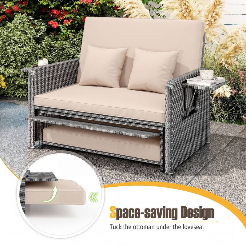 Gymax Rattan Daybed Wicker Loveseat Sofa Set w/ Ottoman & Retractable