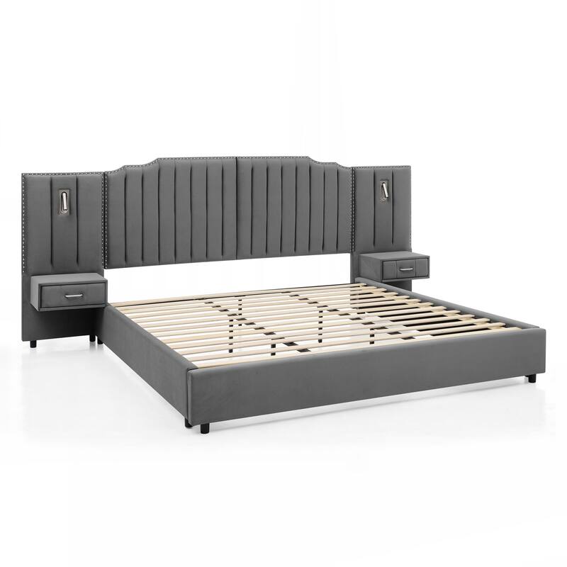King Size Upholstered Bed Frame with Velvet Fabric