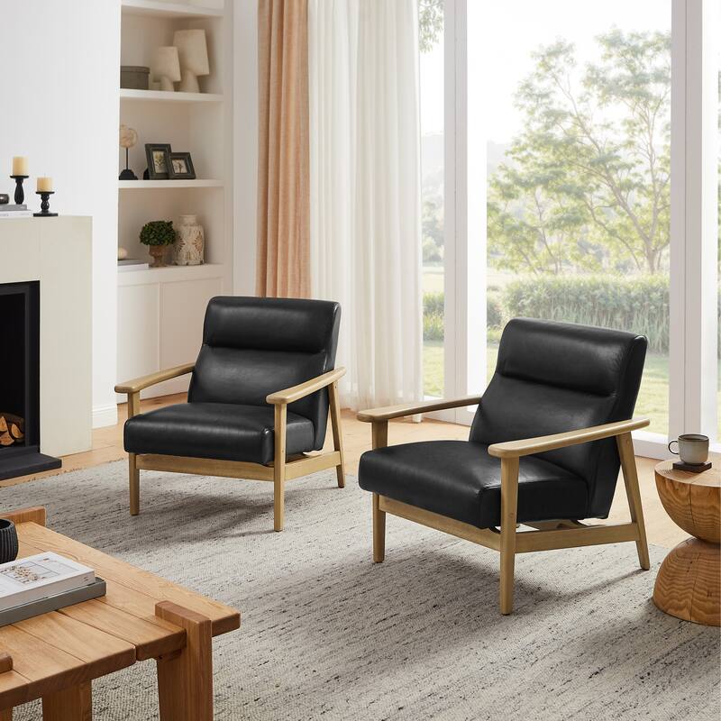 Modern Genuine Leather Accent Armchair with Natural Solid Wood Frame