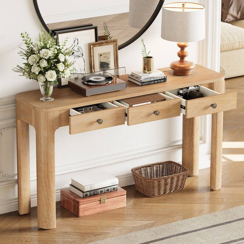 Roomfitters Rustic Console Table with Curved Corners, Entryway Sofa Table with Concealed Storage and Thick Legs, Light Oak - Light Oak