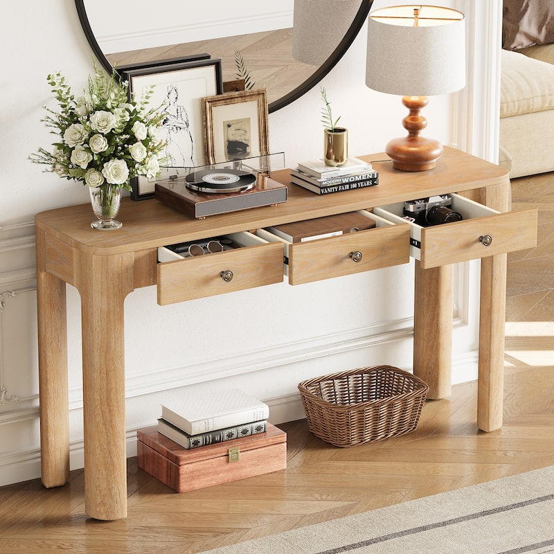 Rustic Console Table with Curved Corners, Entryway Table with 3 Concealed Drawers, Sturdy Sofa Table with Thick Legs