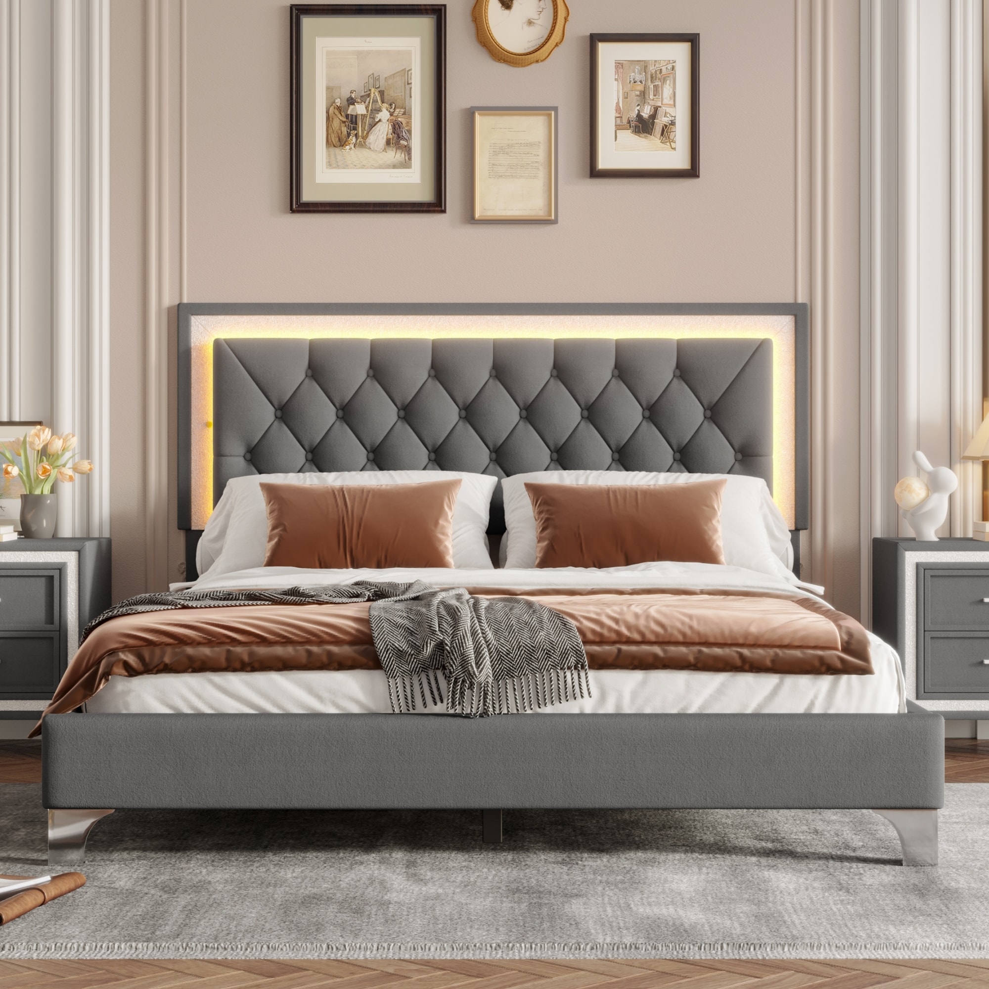 Queen Size Upholstered Bed Frame with LED Lights, Modern Velvet Platform Bed with Tufted Headboard, Gray