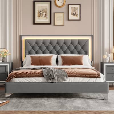 Queen Size Velvet Platform Bed with LED Headboard and Tufted Design - 800lbs Capacity (No Box Spring Needed)