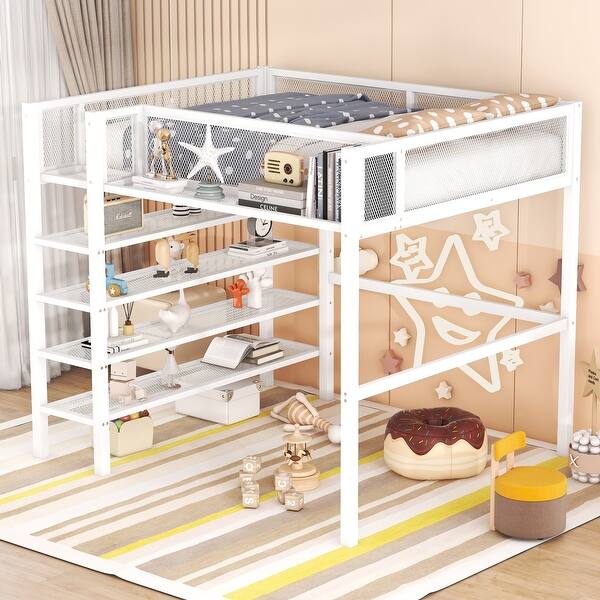 slide 2 of 16, Full Size Metal Loft Bed with 4-Tier Shelves and Guardrail Storage , Modern Design, Spacious Workstation Below
