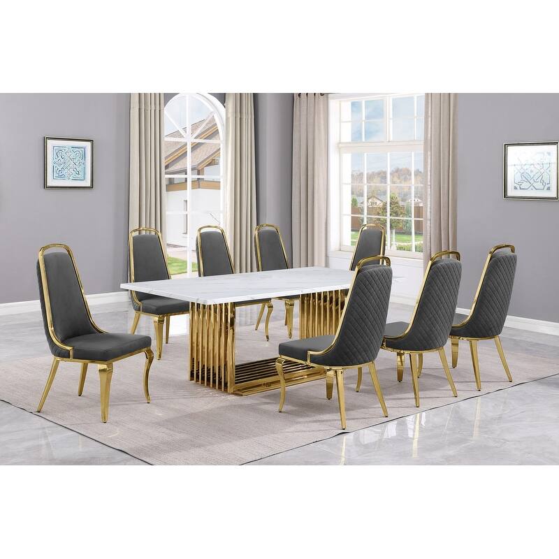 Best Quality Furniture D312/3-SC310-7 Dining Set with 79" White Marble Top - 9-Piece - Dark Grey / Gold