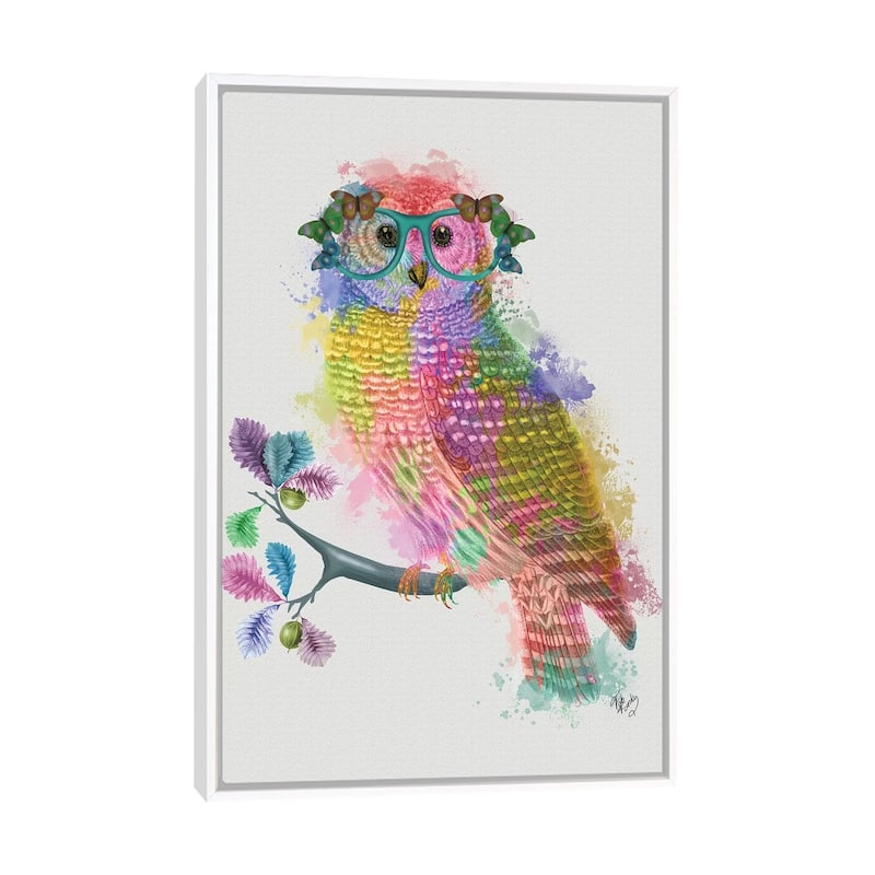 iCanvas "Rainbow Splash Owl" by Fab Funky Framed Canvas Print - White - 26x18