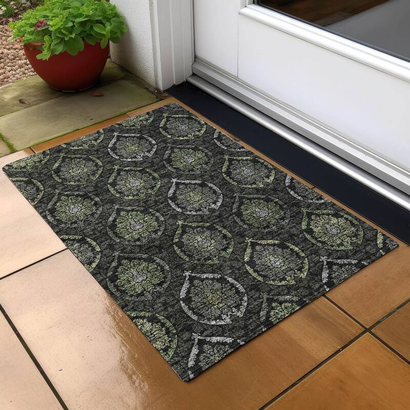 Machine Washable Indoor/ Outdoor Chantille Traditional Damask Rug - Green - 1'8" x 2'6"