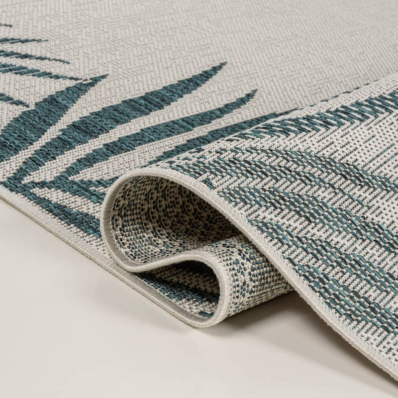 JONATHAN Y Beckett Coastal Cottage Palm Frond Border Blue/Cream Indoor/Outdoor Area Rug